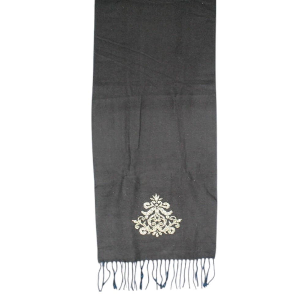 Made In Scotland CASHMERE Black FLORAL RHINESTONE DESIGN Fringe Trim SCARF